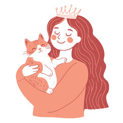 Fototapeta premium Girl hugging cat with love Flat illustration