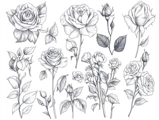 Elegant Outline Drawings of Diverse Roses: A Refined Floral Collection Perfect for Home D&eacute;cor Posters and Art Prints