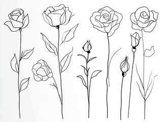 Elegant Outline Drawings of Diverse Roses: A Refined Floral Collection Perfect for Home D&eacute;cor Posters and Art Prints