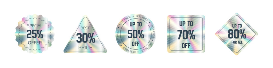 Holographic gradient vector sticker, label sale hologram emblem label for shop online sale premium quality. Discount off. Web design, e-commercial, great for any products.