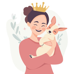 Girl hugging cat with love Flat illustration