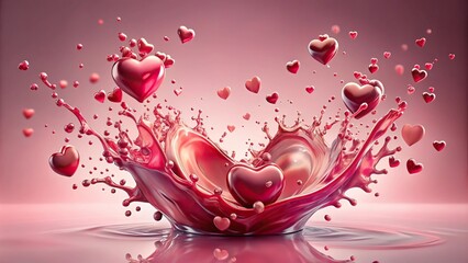 Dynamic splash of liquid hearts in pink and red shades on light pink background