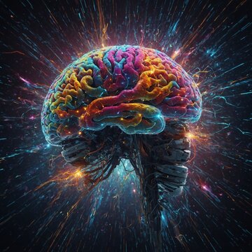 "Concept art of a human brain exploding with knowledge and creativity, symbolized by vibrant bursts of colors, patterns, and abstract forms emanating from the brain. 