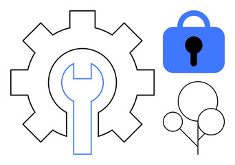 Black gear with blue outlined wrench, a blue lock and abstract balloons on white background. Ideal for technology, security, engineering, creativity and simplicity. Minimalist style
