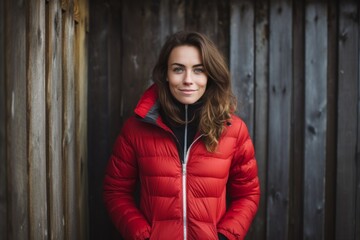 Fototapeta premium Portrait of a content woman in her 30s donning a durable down jacket isolated in rustic wooden wall