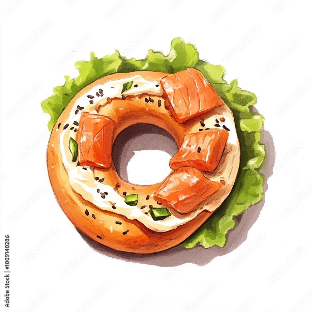 Wall mural A stylized illustration of a bagel topped with salmon and lettuce.