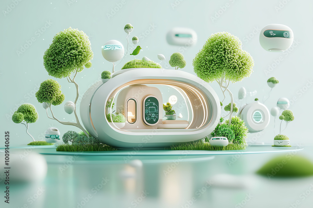 Poster modern miniature futuristic house with floating structures and smart home technology, ecofriendly ma