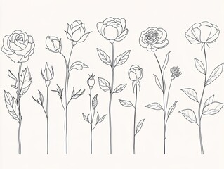 Minimalist Floral Outlines: Elegant Rose and Peony Designs for Monochromatic Wall Art, Perfect for Invigorating Your Sports Interior with Organic Shapes and Graceful Blooms