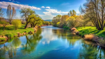 Early spring landscape of the Ardon River in Alania Extreme Close-Up