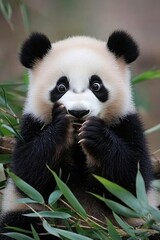 Obraz premium A cute panda sitting among bamboo, looking curiously at the viewer.