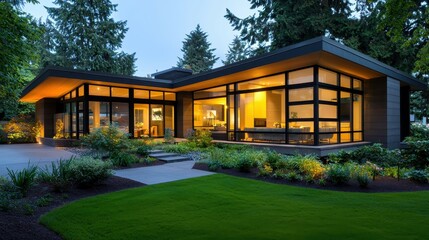 Modern home with large windows and a well-manicured lawn.
