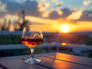 Brandy Glass on Serene Outdoor Terrace at Sunset with Warm Sky Reflection