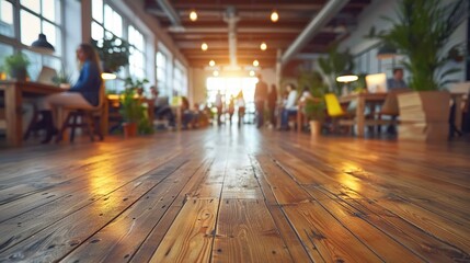 Modern open-plan office space with wooden flooring, creative workspaces, and natural light promoting a collaborative and productive work environment