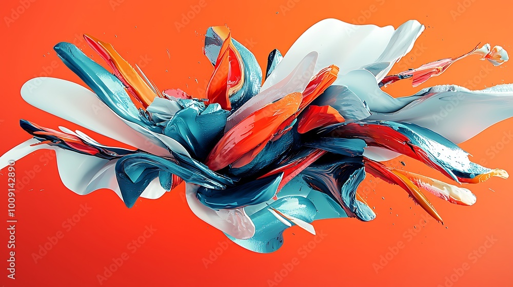 Poster swirls of orange, blue, and red splatter across an abstract background in vivid 3d.