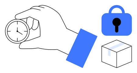 Hand holding a clock next to a blue lock and a box. Ideal for time management, security, punctuality, logistics, delivery. Clean vector style with simple and clear visuals