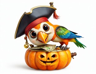Naklejka premium A colorful parrot in a pirate hat and with a red headband, sitting on a pumpkin with a carved face.