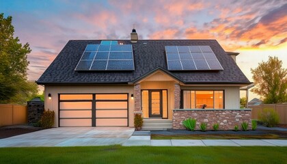 Naklejka premium Modern house with solar panels on the roof with clear sky blue sky, background