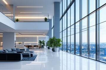 Modern living room with large windows overlooking a city.