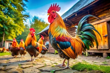 Colorful Game Roosters Displaying Their Feathers in a Vibrant Farmyard Setting During Daylight