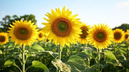Fototapeta premium A field of sunflowers in full bloom under a bright blue sky, with lush green foliage and a blurred background.