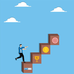 Businessman individual climbing vertical ladder with different career milestones marked on each rung