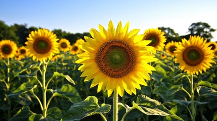 Fototapeta premium A field of sunflowers in full bloom, with the sun shining brightly on the petals.