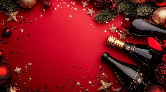 Celebrate New Year's Eve With Festive Decorations and Sparkling Champagne Surrounded by Vibrant Ornaments and Golden Stars