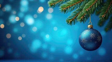 Christmas or New Year blue balls toys on fir branches on blue festive background with lights bokeh with copy space