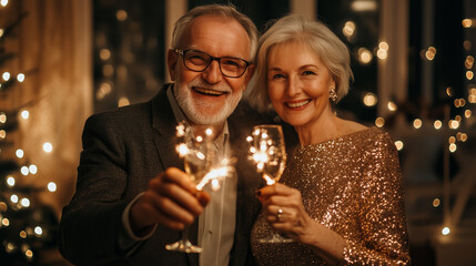 Joyful Couple Toasting With Sparkling Glasses at a Cozy New Year's Eve Celebration Surrounded by Festive Decorations