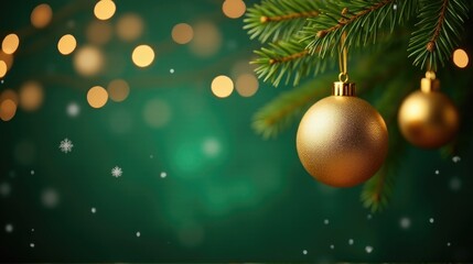 Christmas or New Year golden balls toys on fir branches on green festive background with lights bokeh with copy space
