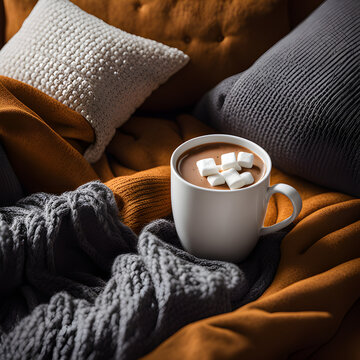 Hei&szlig;er Kakao mit Marshmallows auf einer Couch