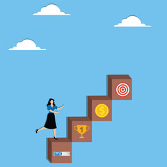 Businesswoman individual climbing vertical ladder with different career milestones marked on each rung