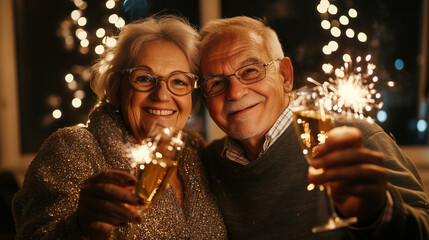 A Joyful Couple Celebrating New Year’s Eve at Home With Sparklers and Champagne, Embracing the Festive Spirit of a New Beginning