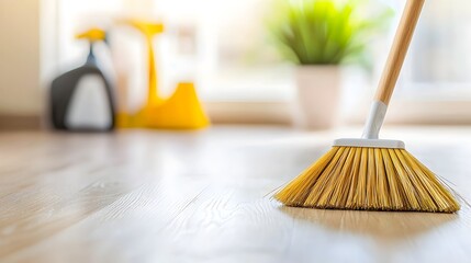 Effortlessly Sweeping Away Dust with a Wooden Broom - Fresh and Clean Hardwood Floor in a Bright Space Perfect for Home Cleaning and Organization Concepts