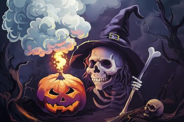 Spooky halloween scene with witch, pumpkin, jack-o-lantern. Dark night with orange autumn colors. Scary monster, skull, crossbones. Halloween decorations, celebration with lanterns, candles, grave