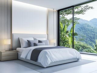 Minimalist bedroom with a large window overlooking a lush green mountain view.