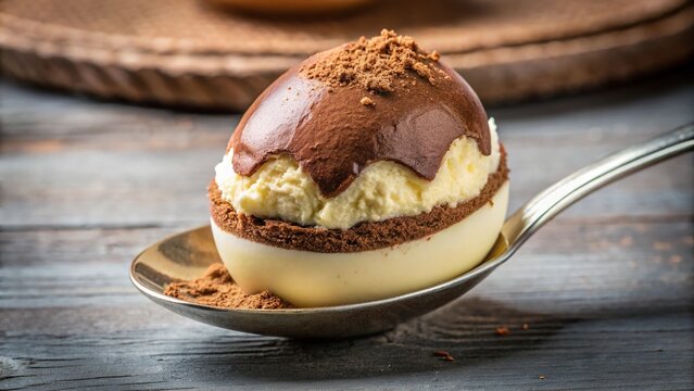 Easter egg piece filled with tiramisu at a tilted angle