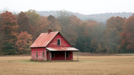 Fototapeta premium A solitary red farmhouse stands amidst a field of tall, golden grass, framed by an autumnal forest of trees displaying various shades of orange and brown