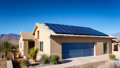 Fototapeta premium Modern house with solar panels on the roof with clear sky blue sky, background