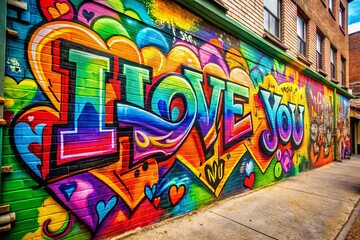 Obraz premium Colorful graffiti art featuring the phrase I love you on a vibrant urban wall background