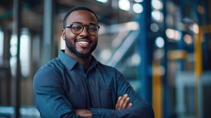 Obraz premium Portrait of a Black engineer with a focus on leadership and professionalism in a technical environment.