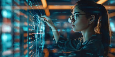 Young woman uses hologram technology, strategies, cloud computing for investment growth. Works on computer, smiling, confident, happy, surrounded by screens, monitors, codes. Team collaborates,