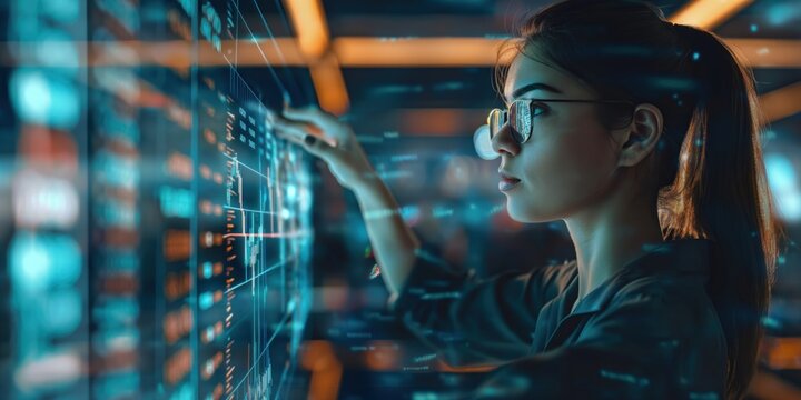 Young woman uses hologram technology, strategies, cloud computing for investment growth. Works on computer, smiling, confident, happy, surrounded by screens, monitors, codes. Team collaborates,