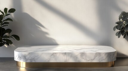 Elegant marble coffee table with a sleek gold base, surrounded by greenery for a stylish and modern interior design