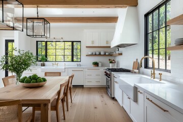 Modern farmhouse kitchen with white cabinets, wood beams, and a large farmhouse sink.