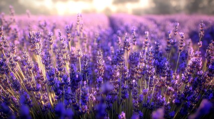 A field of lavender flowers in full bloom, bathed in the warm glow of the morning sun. The flowers are a vibrant purple, and the background is a soft blur of purple and green.
