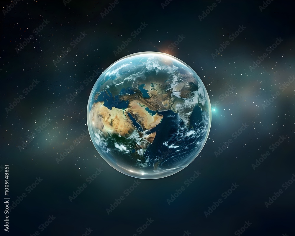 Poster ethereal globe earth encapsulated in a floating soap bubble in space