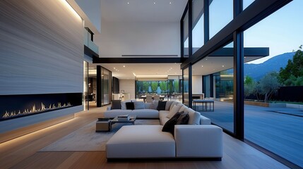 A modern living room with a large sectional sofa, a fireplace, and large windows overlooking a patio.