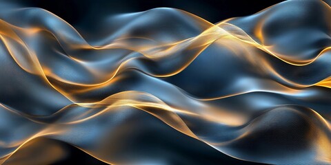 Abstract flowing waves of weightless blue fabric with a golden sheen on dark background. Digital graphic and texture concept. 3D art illustration for wallpaper, poster, design	