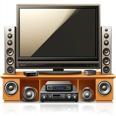 Obraz premium A modern entertainment setup featuring a television, speakers, and a sound system.